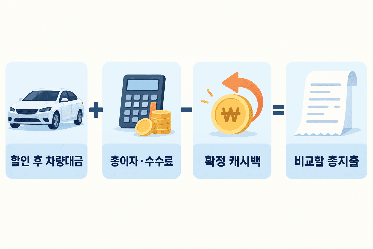 차량대금에 총이자와 수수료를 더하고 확정 캐시백을 빼는 총지출 계산 도식